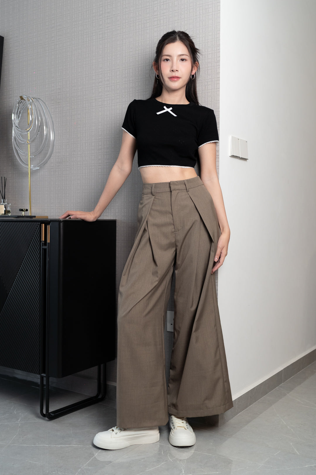 HAYDEN FRONT SLIT HIGH WAIST WIDE LEG PANTS (CLAY)