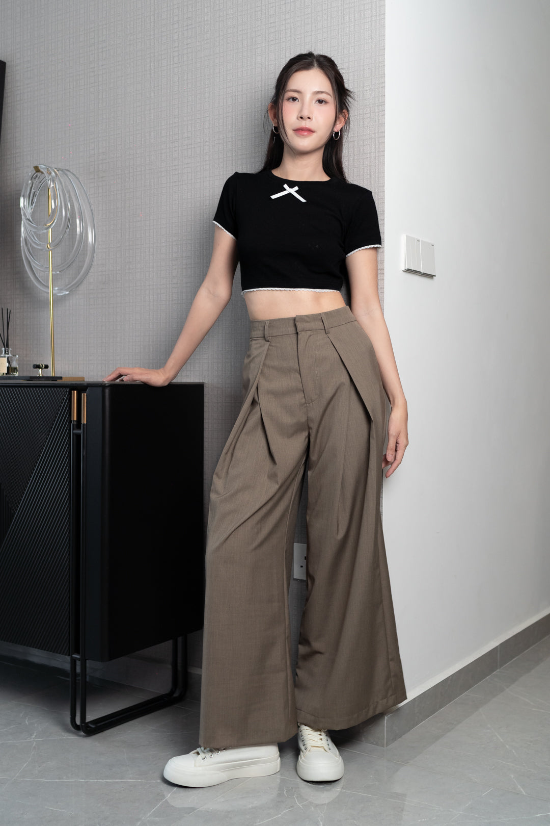 HAYDEN FRONT SLIT HIGH WAIST WIDE LEG PANTS (CLAY)