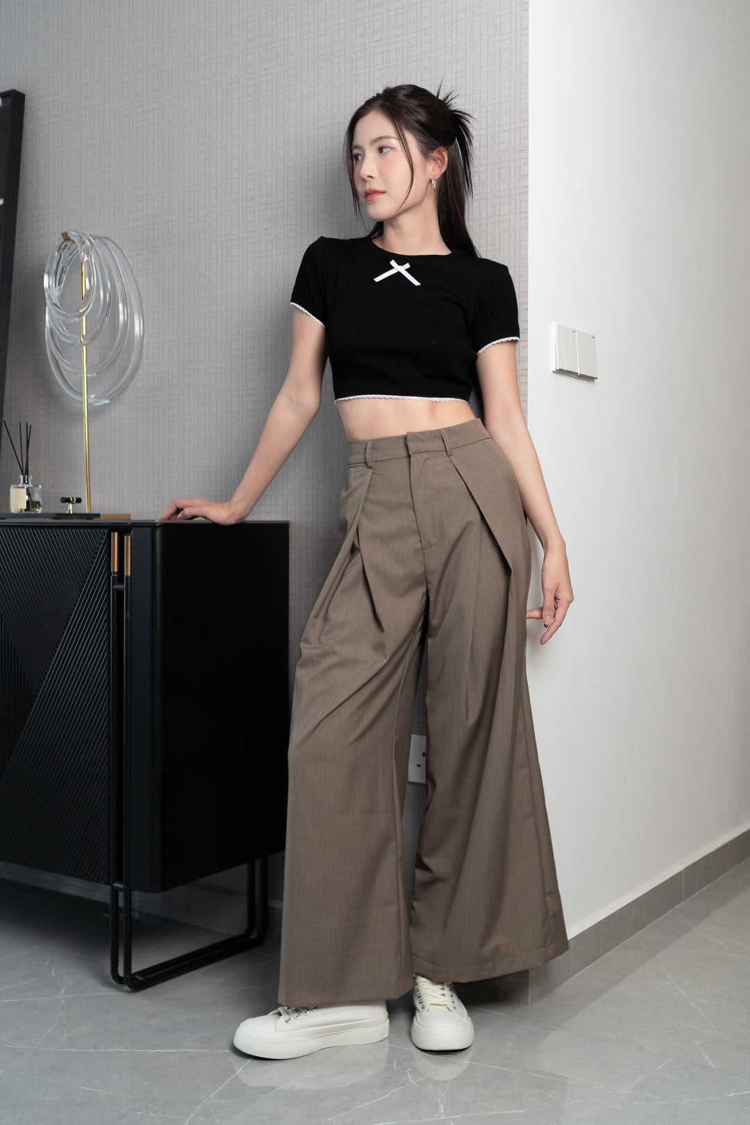 HAYDEN FRONT SLIT HIGH WAIST WIDE LEG PANTS (CLAY)