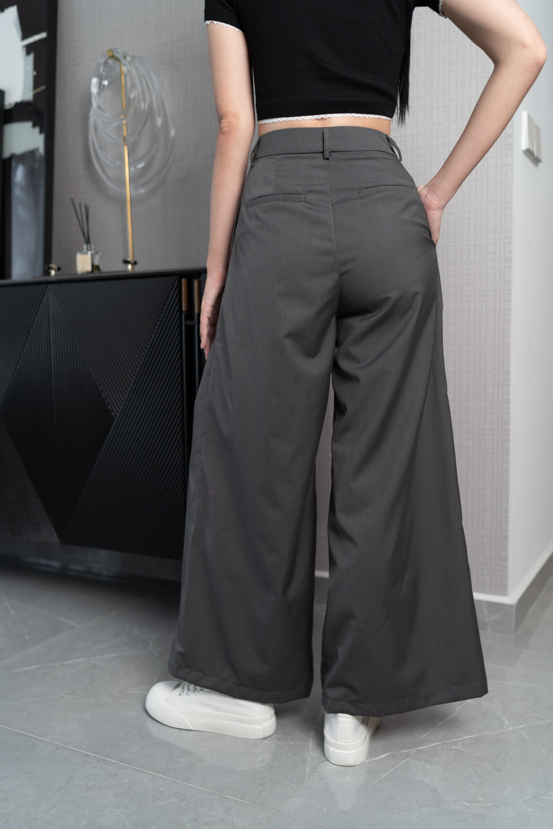 HAYDEN FRONT SLIT HIGH WAIST WIDE LEG PANTS (CHARCOAL GREY)