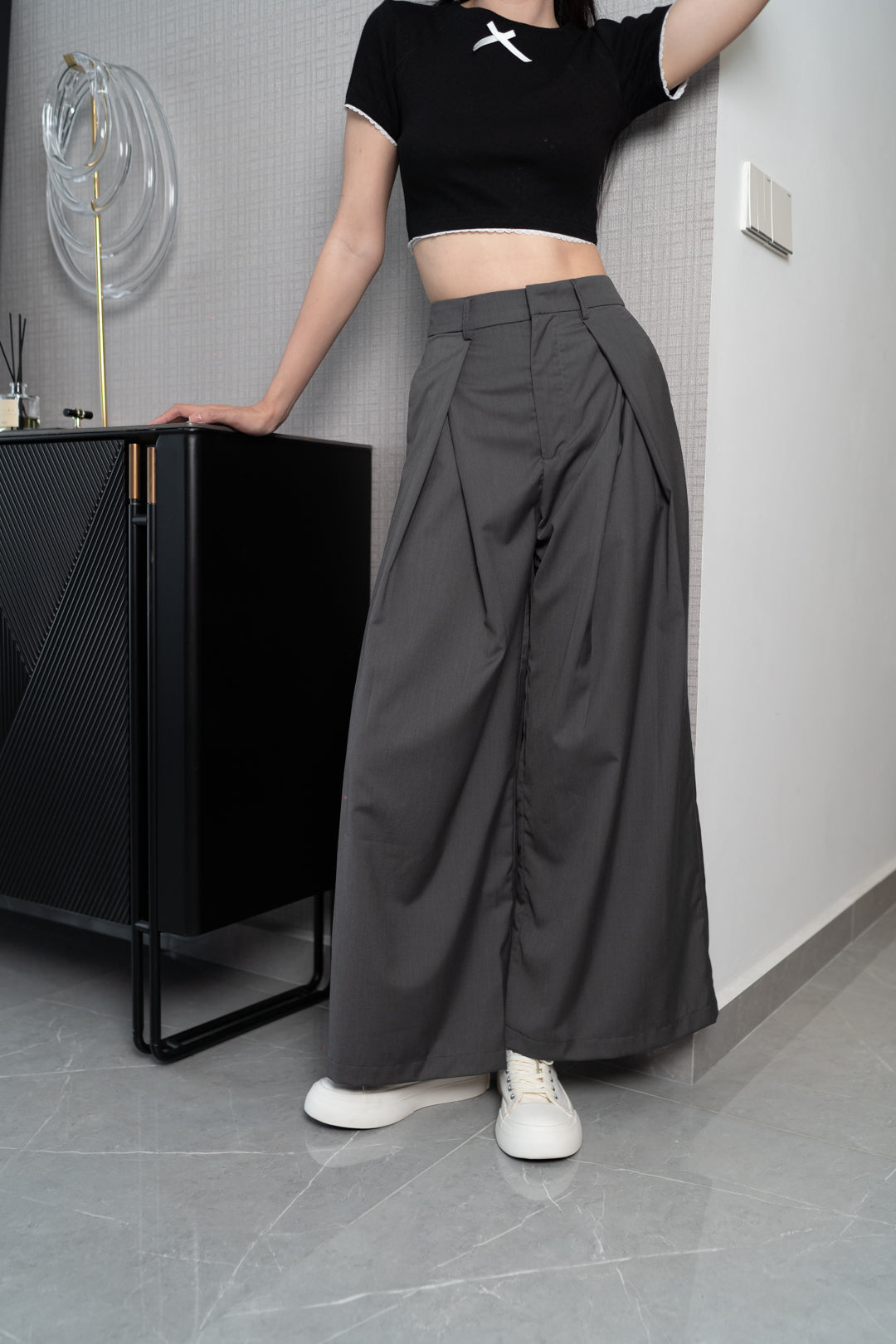 HAYDEN FRONT SLIT HIGH WAIST WIDE LEG PANTS (CHARCOAL GREY)