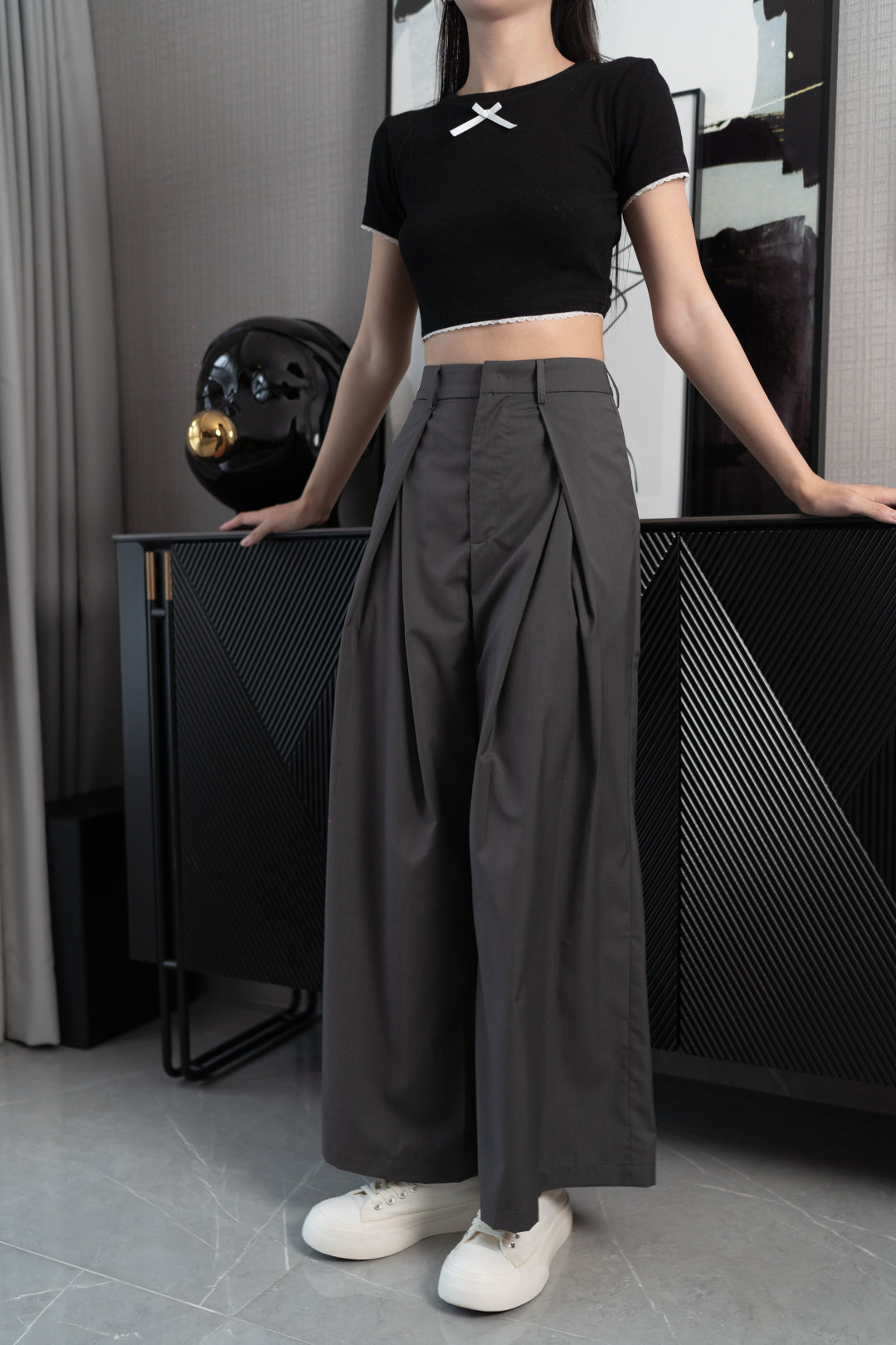 HAYDEN FRONT SLIT HIGH WAIST WIDE LEG PANTS (CHARCOAL GREY)