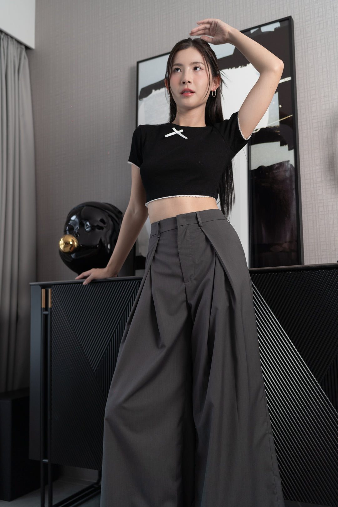 HAYDEN FRONT SLIT HIGH WAIST WIDE LEG PANTS (CHARCOAL GREY)