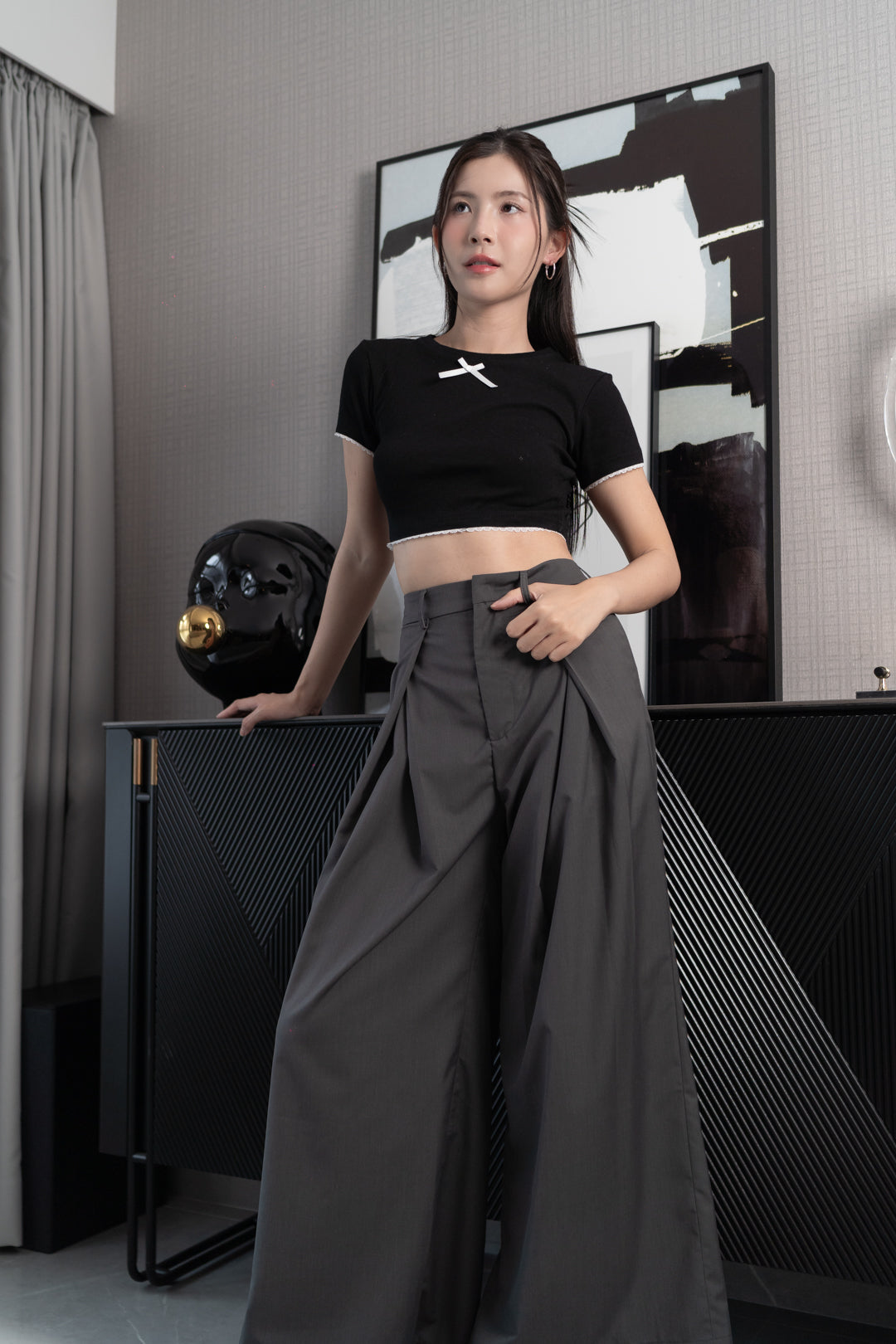 HAYDEN FRONT SLIT HIGH WAIST WIDE LEG PANTS (CHARCOAL GREY)