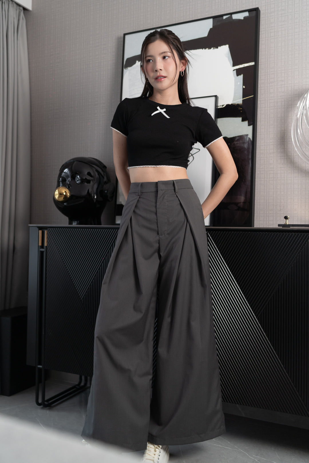 HAYDEN FRONT SLIT HIGH WAIST WIDE LEG PANTS (CHARCOAL GREY)