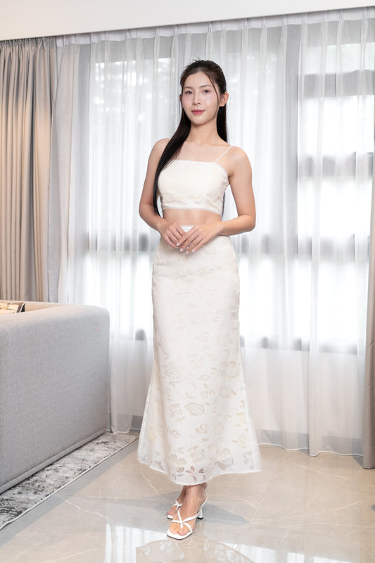 SOLEEN ORGANZA FLORAL MIDAXI SKIRT (CHAMPAGNE IVORY)
