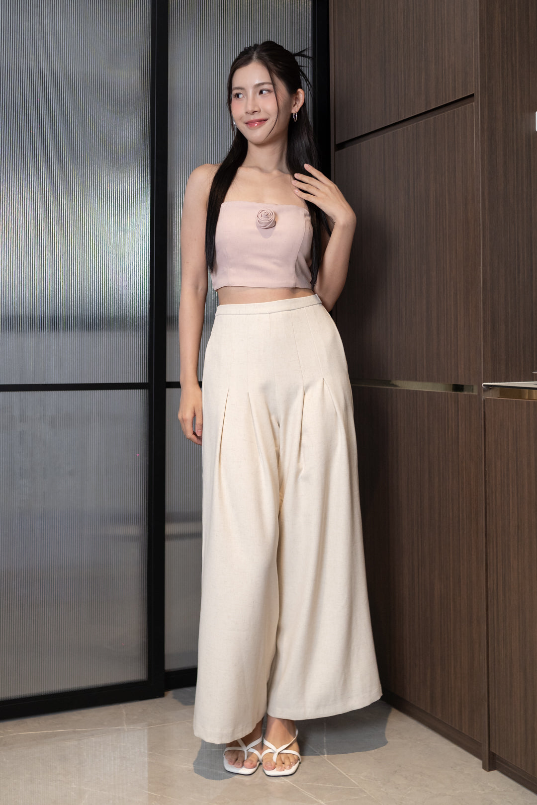 ROSA PLEATED WIDE LEG PANTS (CREAM)