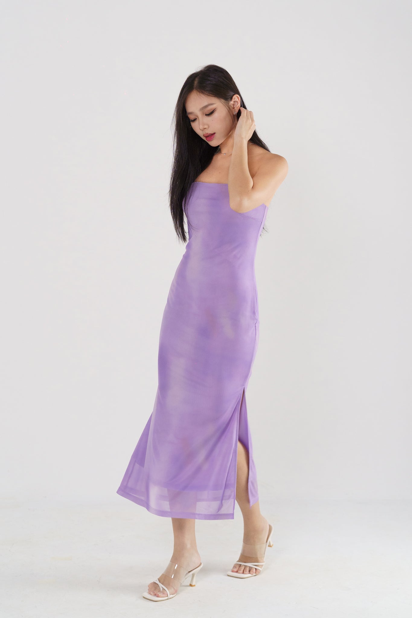 CALEIDA TIE-DYE MESH STRAPLESS MAXI DRESS(AMETHYST)