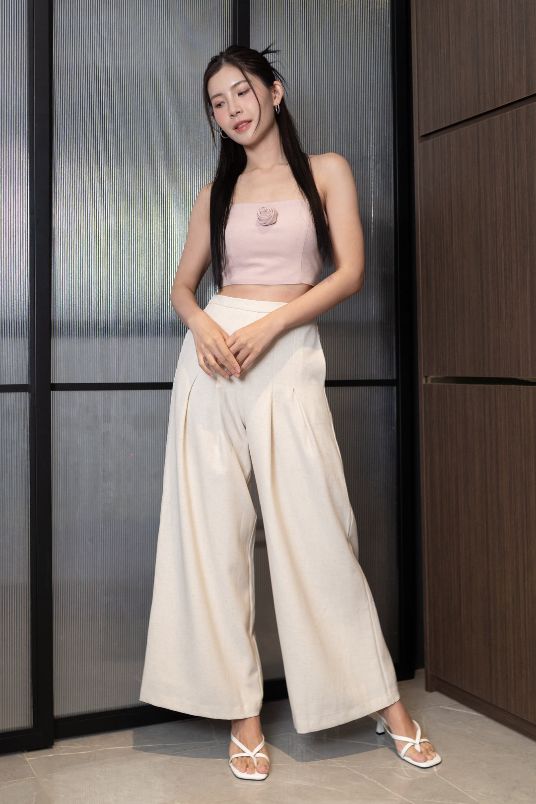 ROSA PLEATED WIDE LEG PANTS (CREAM)