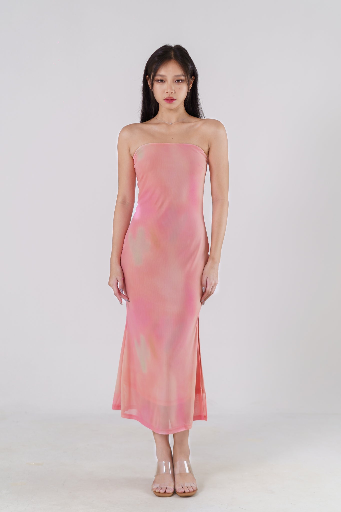 CALEIDA TIE-DYE MESH STRAPLESS MAXI DRESS(SUNKISSED PINK)