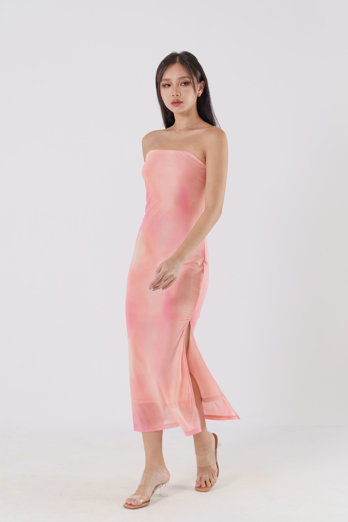 CALEIDA TIE-DYE MESH STRAPLESS MAXI DRESS(SUNKISSED PINK)