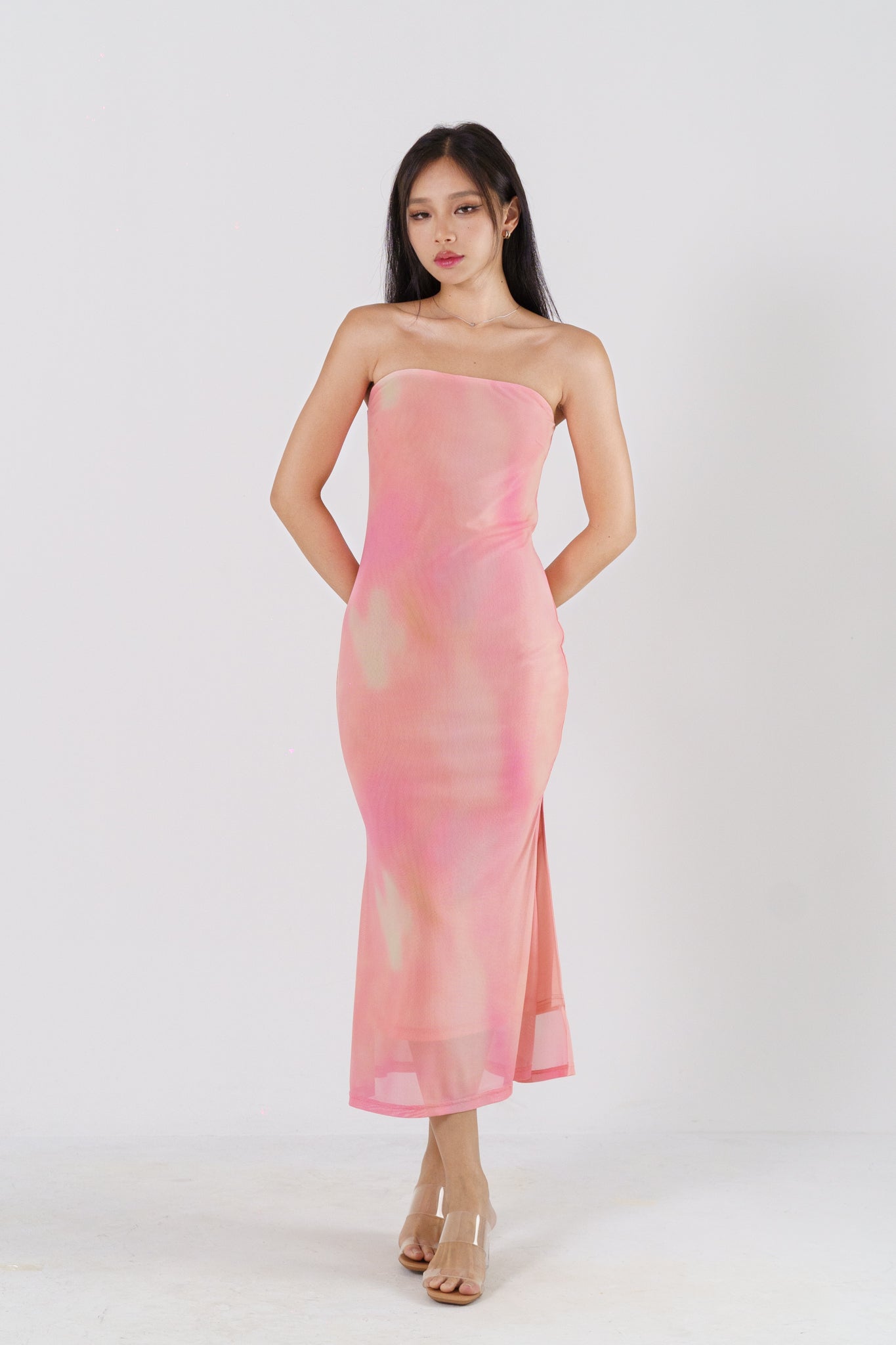 CALEIDA TIE-DYE MESH STRAPLESS MAXI DRESS(SUNKISSED PINK)