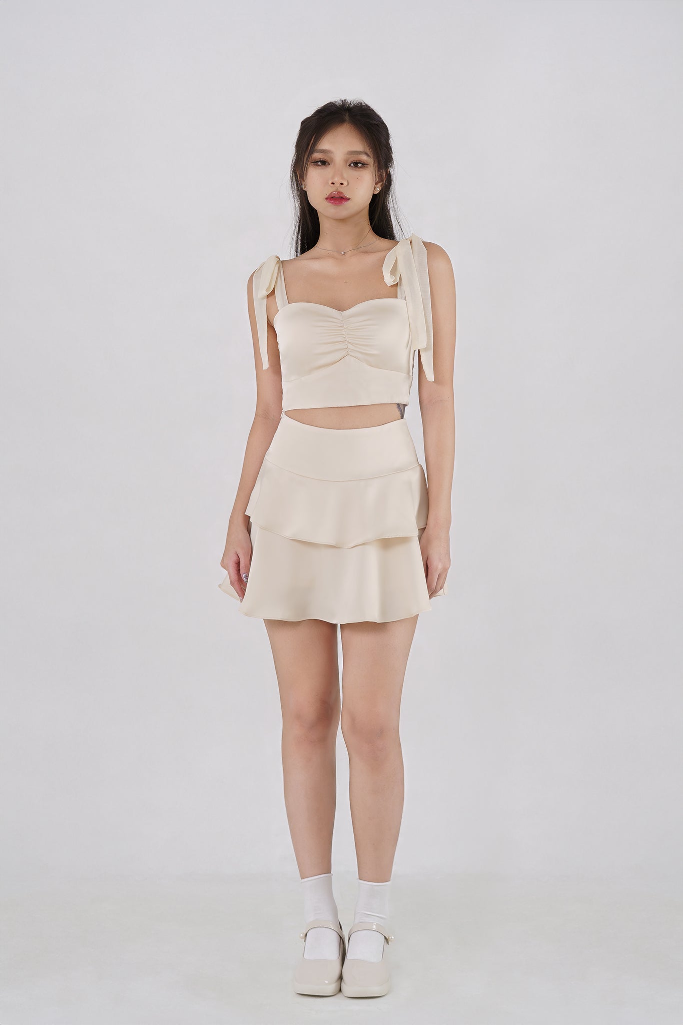 ARINA PADDED SATIN SWEETHEART TOP WITH RIBBON STRAPS(CHAMPAGNE)