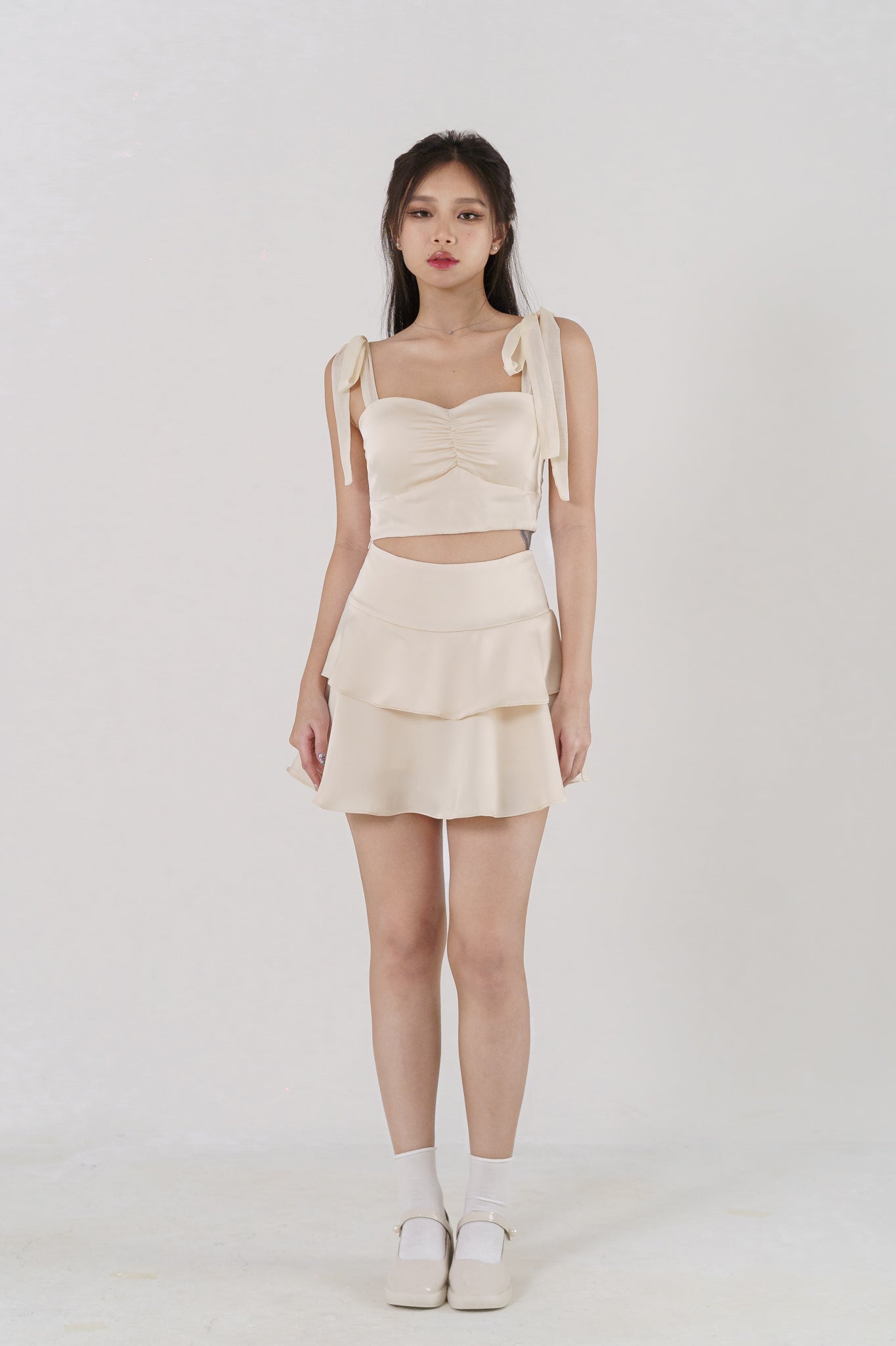 ARINA HIGHWAIST TIERED FLARE SATIN SKORTS(CHAMPAGNE)