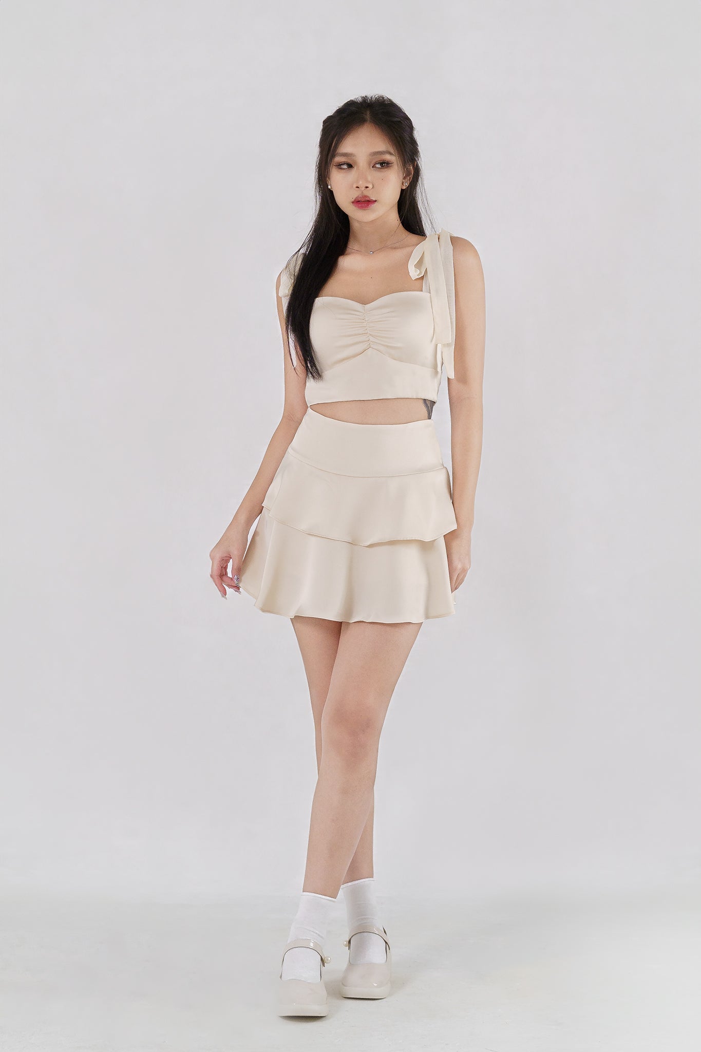 ARINA PADDED SATIN SWEETHEART TOP WITH RIBBON STRAPS(CHAMPAGNE)