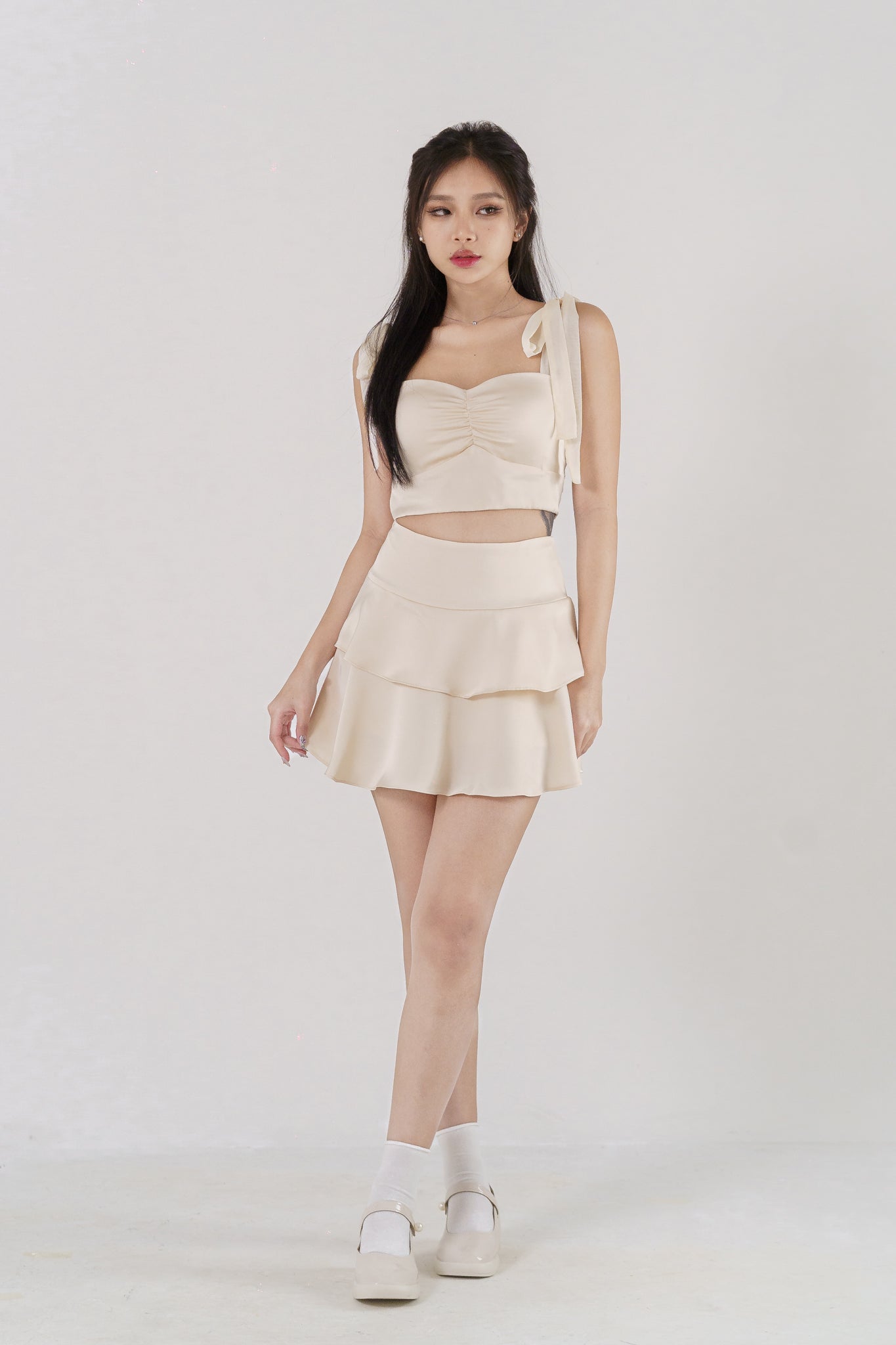 ARINA HIGHWAIST TIERED FLARE SATIN SKORTS(CHAMPAGNE)