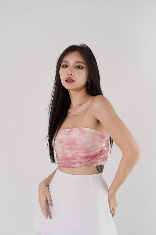 EULALIE SIDE RUCHED MESH TUBE TOP(AURORA PINK)