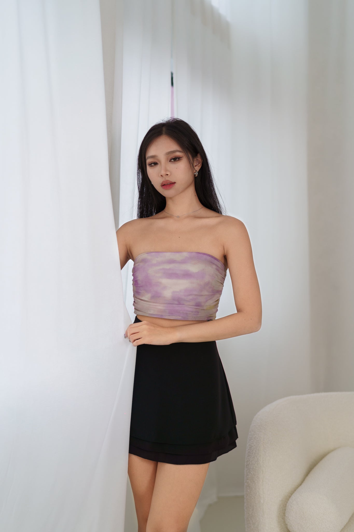 EULALIE SIDE RUCHED MESH TUBE TOP(DARK LILAC)