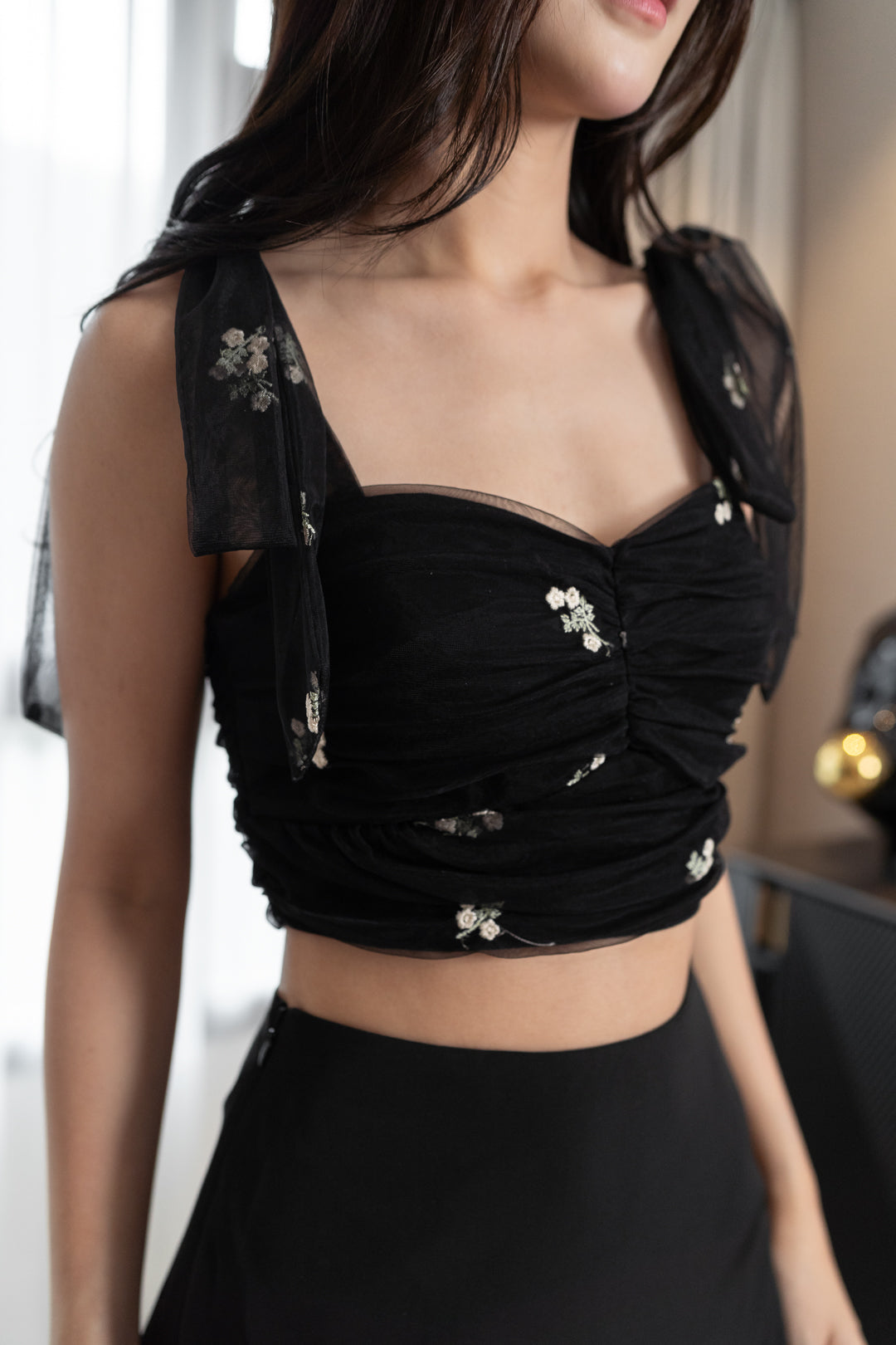 V2 AVELINE EMBROIDERED FLORAL RIBBON-TIE MESH TOP (BLACK)