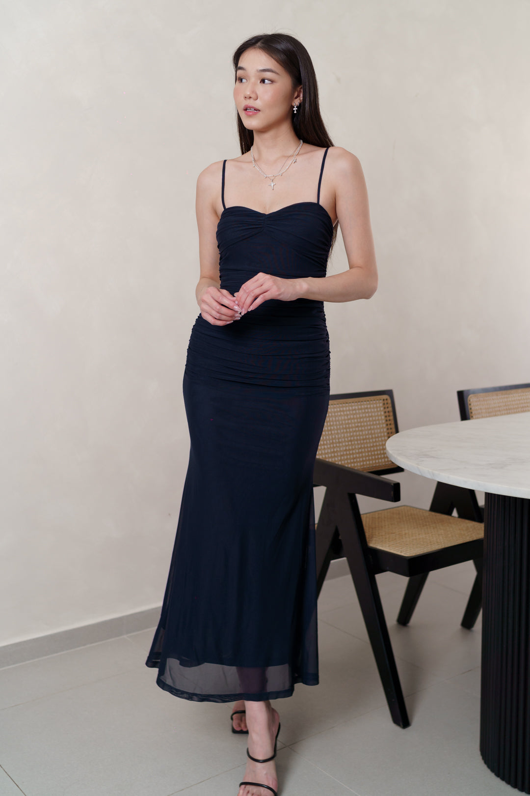 ARALYN RUCHED MESH MAXI DRESS (DARK NAVY)