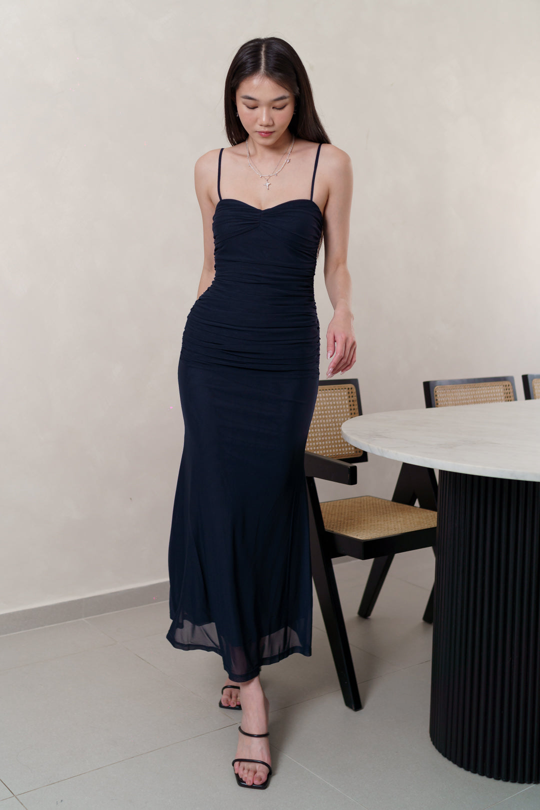 ARALYN RUCHED MESH MAXI DRESS (DARK NAVY)