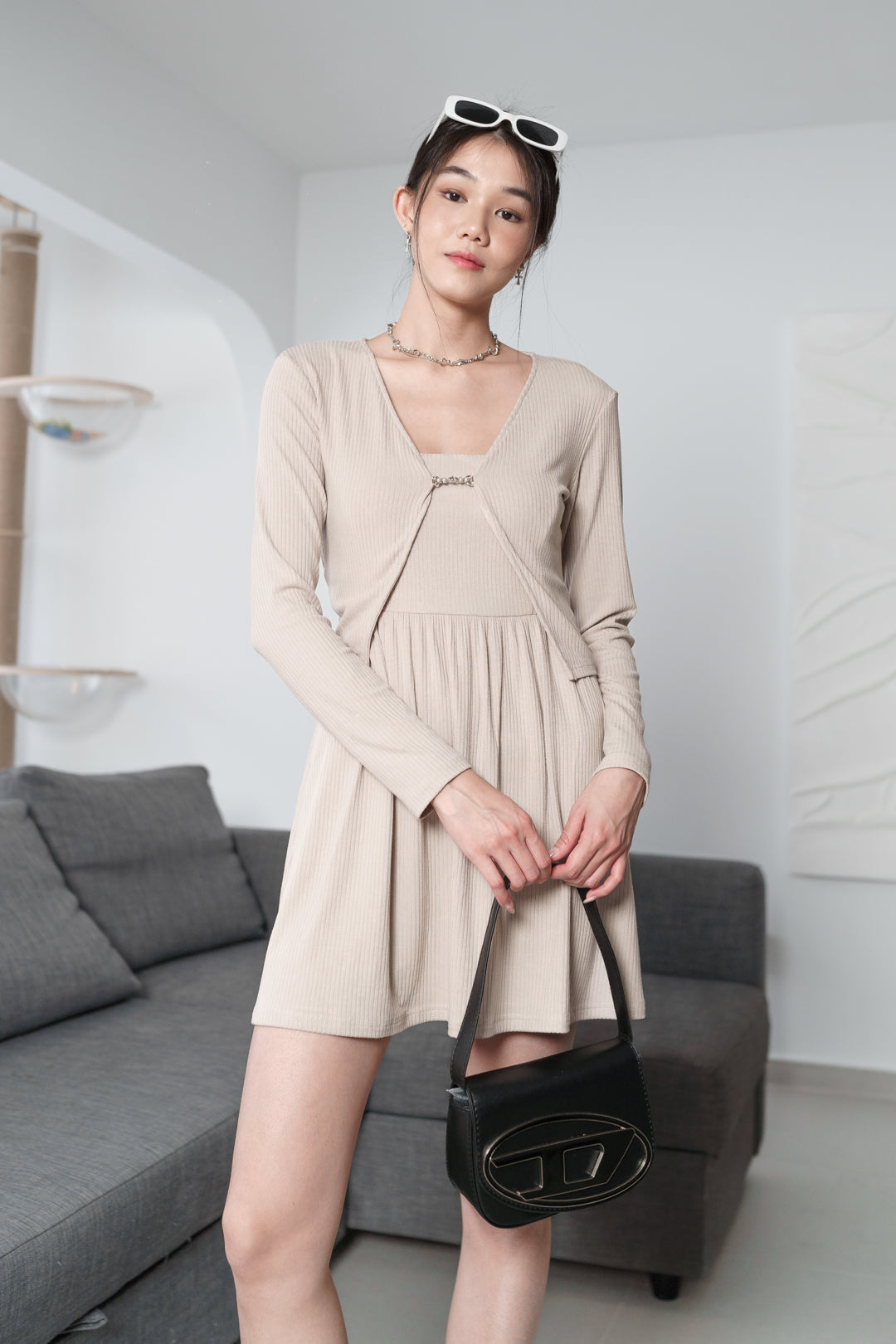 ELARA PEARL RIBBED KNIT CARDIGAN MINI DRESS CO-ORD SET (LIGHT OAT)