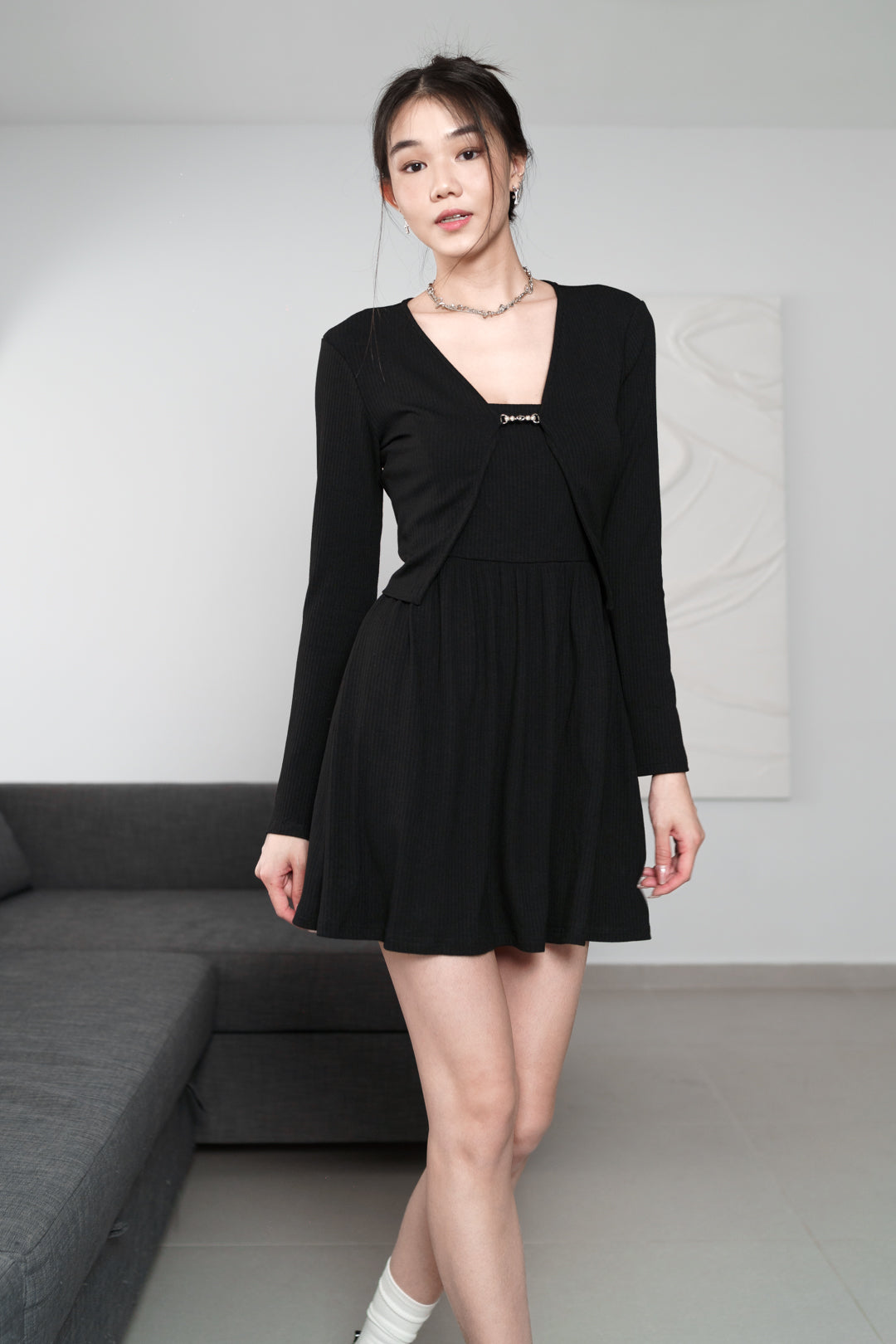 ELARA PEARL RIBBED KNIT CARDIGAN MINI DRESS CO-ORD SET(BLACK)