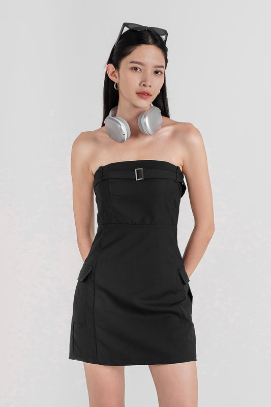 ELIO CARGO BELTED POCKET TUBE DRESS (BLACK)