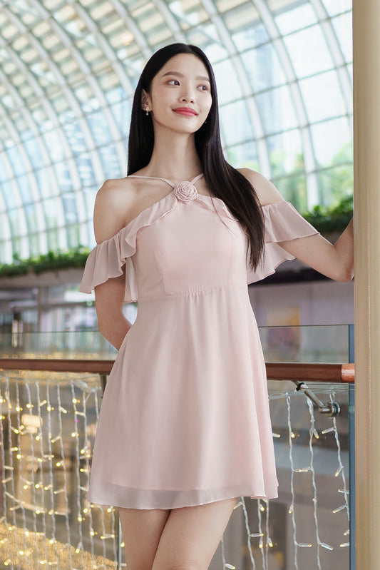 FLEUR PADDED HALTER DRESS WITH DETACHABLE FLORAL BROOCH(POWDER PINK)